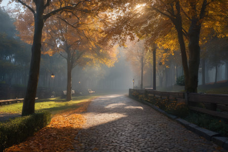 In the dance of autumn leaves, a serene alleyway unfolds, bathed in the radiance of natural light, weaving a tale of cosmic creation amidst the earthly splendor of autumn.の素材