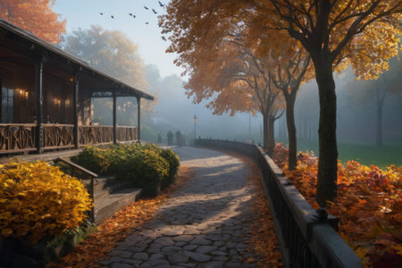 In the dance of autumn leaves, a serene alleyway unfolds, bathed in the radiance of natural light, weaving a tale of cosmic creation amidst the earthly splendor of autumn.の素材