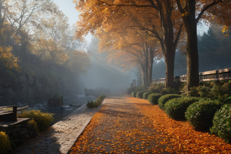 In the dance of autumn leaves, a serene alleyway unfolds, bathed in the radiance of natural light, weaving a tale of cosmic creation amidst the earthly splendor of autumn.の素材