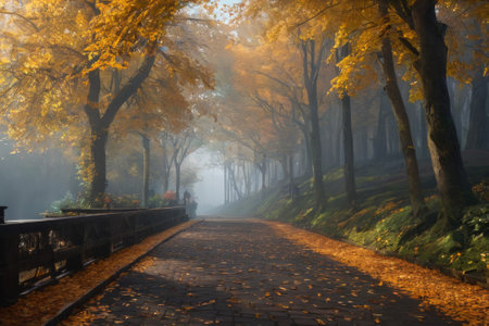 In the dance of autumn leaves, a serene alleyway unfolds, bathed in the radiance of natural light, weaving a tale of cosmic creation amidst the earthly splendor of autumn.の素材