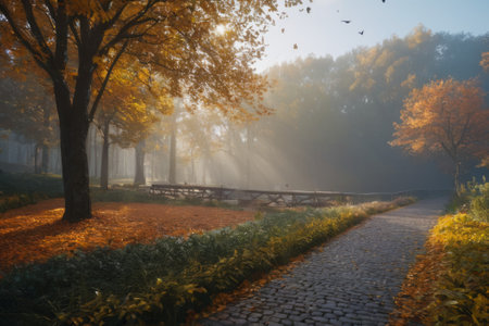 In the dance of autumn leaves, a serene alleyway unfolds, bathed in the radiance of natural light, weaving a tale of cosmic creation amidst the earthly splendor of autumn.の素材
