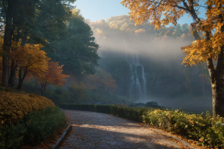In the dance of autumn leaves, a serene alleyway unfolds, bathed in the radiance of natural light, weaving a tale of cosmic creation amidst the earthly splendor of autumn.の素材