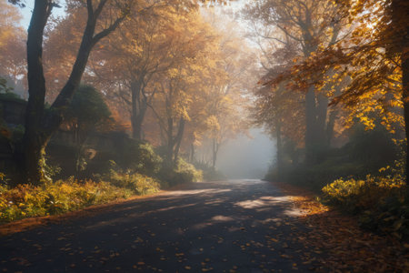 In the dance of autumn leaves, a serene alleyway unfolds, bathed in the radiance of natural light, weaving a tale of cosmic creation amidst the earthly splendor of autumn.の素材