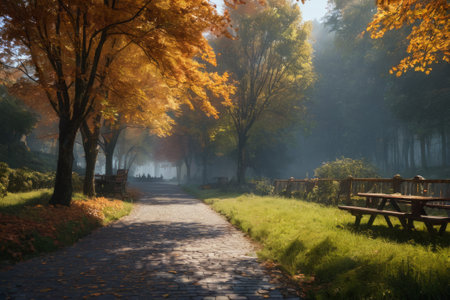 In the dance of autumn leaves, a serene alleyway unfolds, bathed in the radiance of natural light, weaving a tale of cosmic creation amidst the earthly splendor of autumn.の素材
