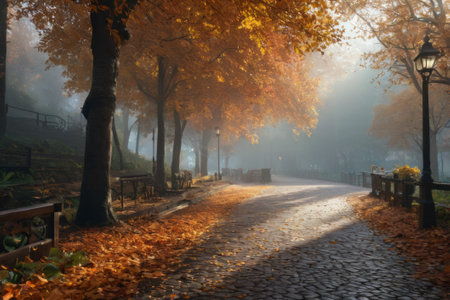 In the dance of autumn leaves, a serene alleyway unfolds, bathed in the radiance of natural light, weaving a tale of cosmic creation amidst the earthly splendor of autumn.の素材
