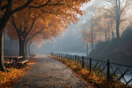 In the dance of autumn leaves, a serene alleyway unfolds, bathed in the radiance of natural light, weaving a tale of cosmic creation amidst the earthly splendor of autumn.の素材