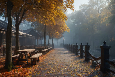 In the dance of autumn leaves, a serene alleyway unfolds, bathed in the radiance of natural light, weaving a tale of cosmic creation amidst the earthly splendor of autumn.の素材