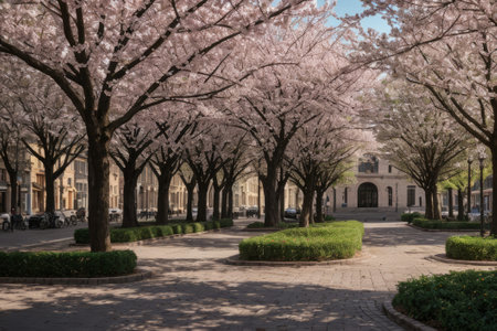 Experience the city's spring awakening with blossoming trees and glistening fountains, a symphony of nature and urban elegance blending seamlessly.の素材