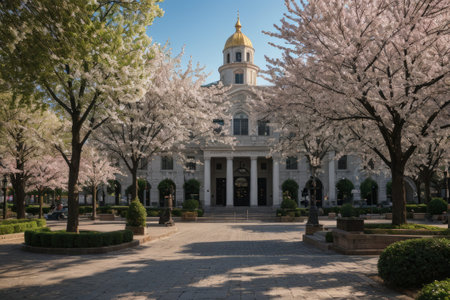 Experience the city's spring awakening with blossoming trees and glistening fountains, a symphony of nature and urban elegance blending seamlessly.の素材