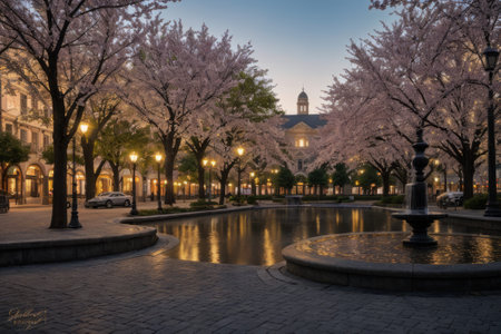 Experience the city's spring awakening with blossoming trees and glistening fountains, a symphony of nature and urban elegance blending seamlessly.の素材