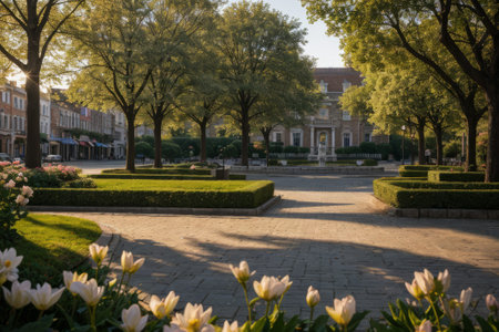 Experience the city's spring awakening with blossoming trees and glistening fountains, a symphony of nature and urban elegance blending seamlessly.の素材