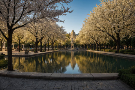 Experience the city's spring awakening with blossoming trees and glistening fountains, a symphony of nature and urban elegance blending seamlessly.の素材