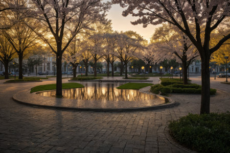 Experience the city's spring awakening with blossoming trees and glistening fountains, a symphony of nature and urban elegance blending seamlessly.の素材