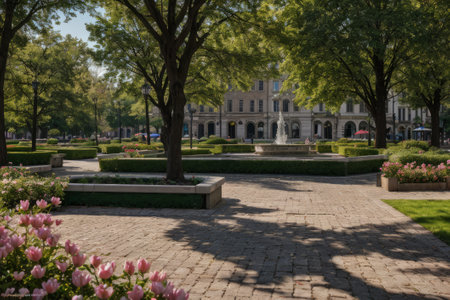 Experience the city's spring awakening with blossoming trees and glistening fountains, a symphony of nature and urban elegance blending seamlessly.の素材