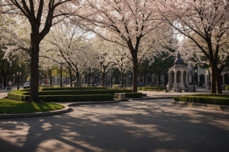 Experience the city's spring awakening with blossoming trees and glistening fountains, a symphony of nature and urban elegance blending seamlessly.の素材