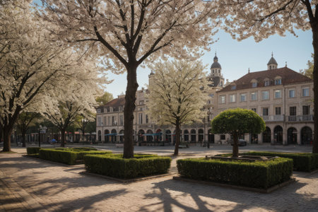 Experience the city's spring awakening with blossoming trees and glistening fountains, a symphony of nature and urban elegance blending seamlessly.の素材