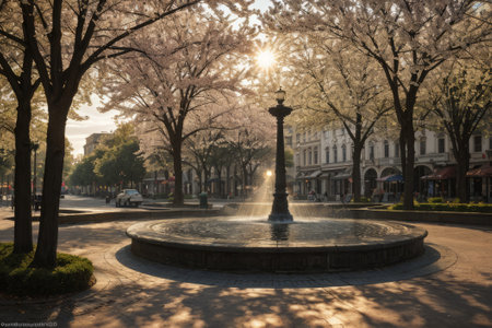 Experience the city's spring awakening with blossoming trees and glistening fountains, a symphony of nature and urban elegance blending seamlessly.の素材