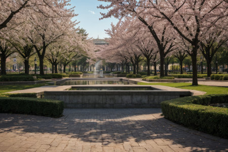 Experience the city's spring awakening with blossoming trees and glistening fountains, a symphony of nature and urban elegance blending seamlessly.の素材