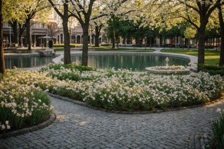 Experience the city's spring awakening with blossoming trees and glistening fountains, a symphony of nature and urban elegance blending seamlessly.の素材
