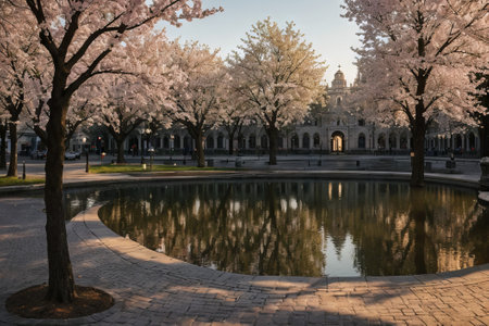 Experience the city's spring awakening with blossoming trees and glistening fountains, a symphony of nature and urban elegance blending seamlessly.の素材