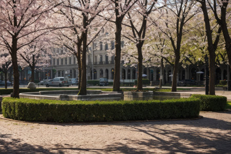 Experience the city's spring awakening with blossoming trees and glistening fountains, a symphony of nature and urban elegance blending seamlessly.の素材