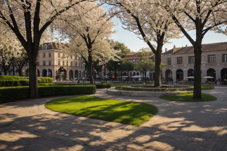 Experience the city's spring awakening with blossoming trees and glistening fountains, a symphony of nature and urban elegance blending seamlessly.の素材