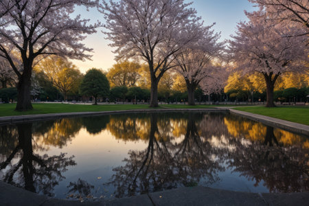 Experience the city's spring awakening with blossoming trees and glistening fountains, a symphony of nature and urban elegance blending seamlessly.の素材