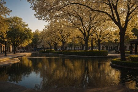 Experience the city's spring awakening with blossoming trees and glistening fountains, a symphony of nature and urban elegance blending seamlessly.の素材