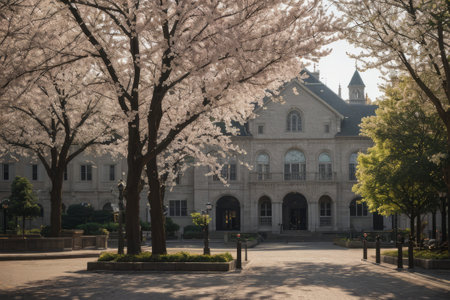 Experience the city's spring awakening with blossoming trees and glistening fountains, a symphony of nature and urban elegance blending seamlessly.の素材
