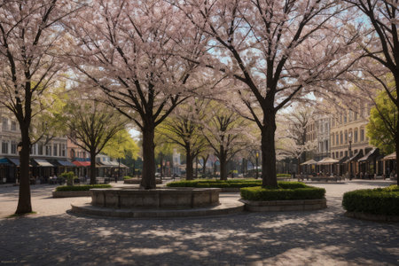 Experience the city's spring awakening with blossoming trees and glistening fountains, a symphony of nature and urban elegance blending seamlessly.の素材