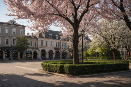 Experience the city's spring awakening with blossoming trees and glistening fountains, a symphony of nature and urban elegance blending seamlessly.の素材