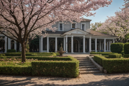 Experience the city's spring awakening with blossoming trees and glistening fountains, a symphony of nature and urban elegance blending seamlessly.の素材