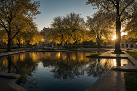 Experience the city's spring awakening with blossoming trees and glistening fountains, a symphony of nature and urban elegance blending seamlessly.の素材