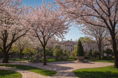 Experience the city's spring awakening with blossoming trees and glistening fountains, a symphony of nature and urban elegance blending seamlessly.の素材