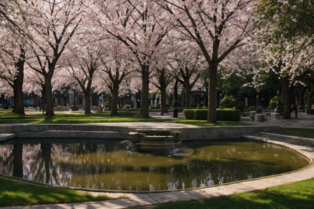 Experience the city's spring awakening with blossoming trees and glistening fountains, a symphony of nature and urban elegance blending seamlessly.の素材