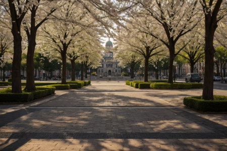 Experience the city's spring awakening with blossoming trees and glistening fountains, a symphony of nature and urban elegance blending seamlessly.の素材