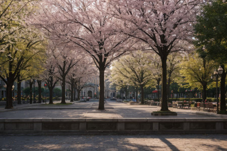 Experience the city's spring awakening with blossoming trees and glistening fountains, a symphony of nature and urban elegance blending seamlessly.の素材