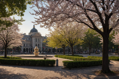 Experience the city's spring awakening with blossoming trees and glistening fountains, a symphony of nature and urban elegance blending seamlessly.の素材