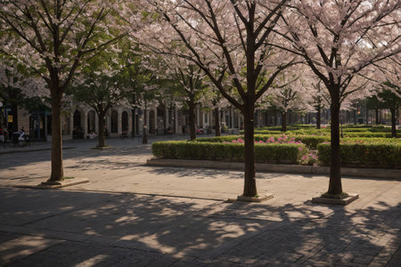 Experience the city's spring awakening with blossoming trees and glistening fountains, a symphony of nature and urban elegance blending seamlessly.の素材