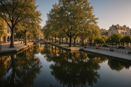 Experience the city's spring awakening with blossoming trees and glistening fountains, a symphony of nature and urban elegance blending seamlessly.の素材