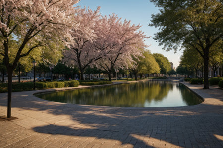 Experience the city's spring awakening with blossoming trees and glistening fountains, a symphony of nature and urban elegance blending seamlessly.の素材