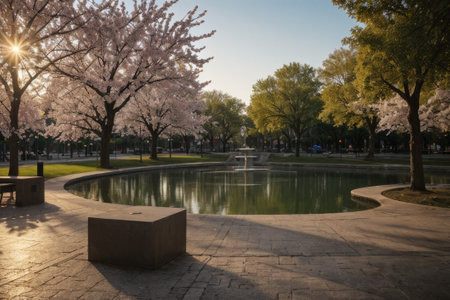 Experience the city's spring awakening with blossoming trees and glistening fountains, a symphony of nature and urban elegance blending seamlessly.の素材