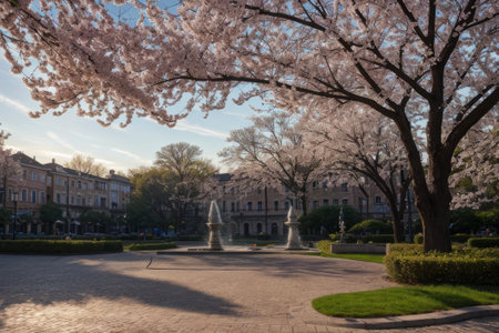 Experience the city's spring awakening with blossoming trees and glistening fountains, a symphony of nature and urban elegance blending seamlessly.の素材