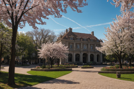 Experience the city's spring awakening with blossoming trees and glistening fountains, a symphony of nature and urban elegance blending seamlessly.の素材