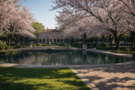 Experience the city's spring awakening with blossoming trees and glistening fountains, a symphony of nature and urban elegance blending seamlessly.の素材