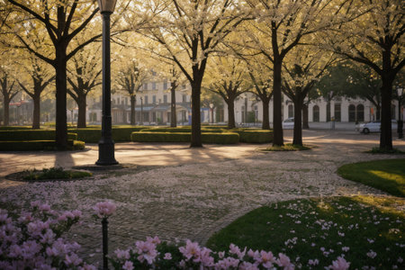 Experience the city's spring awakening with blossoming trees and glistening fountains, a symphony of nature and urban elegance blending seamlessly.の素材