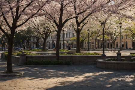 Experience the city's spring awakening with blossoming trees and glistening fountains, a symphony of nature and urban elegance blending seamlessly.の素材