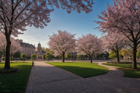 Experience the city's spring awakening with blossoming trees and glistening fountains, a symphony of nature and urban elegance blending seamlessly.の素材