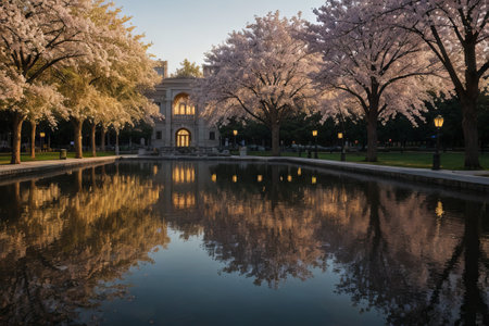 Experience the city's spring awakening with blossoming trees and glistening fountains, a symphony of nature and urban elegance blending seamlessly.の素材