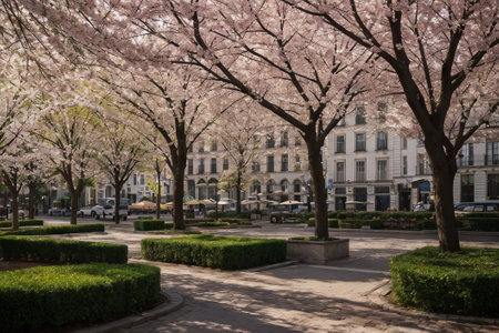 Experience the city's spring awakening with blossoming trees and glistening fountains, a symphony of nature and urban elegance blending seamlessly.の素材